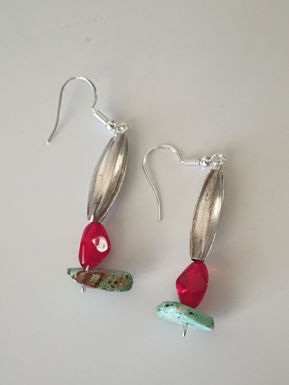 Handmade By Moi Sterling Silver Dangle Earrings  Genuine Turquoise & Red Glass